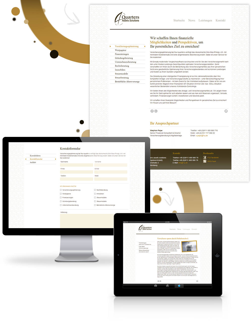 Four Quarters assets solutions, Image-Website, Ansicht Destailseite in Cinema Display und iPad schwarz