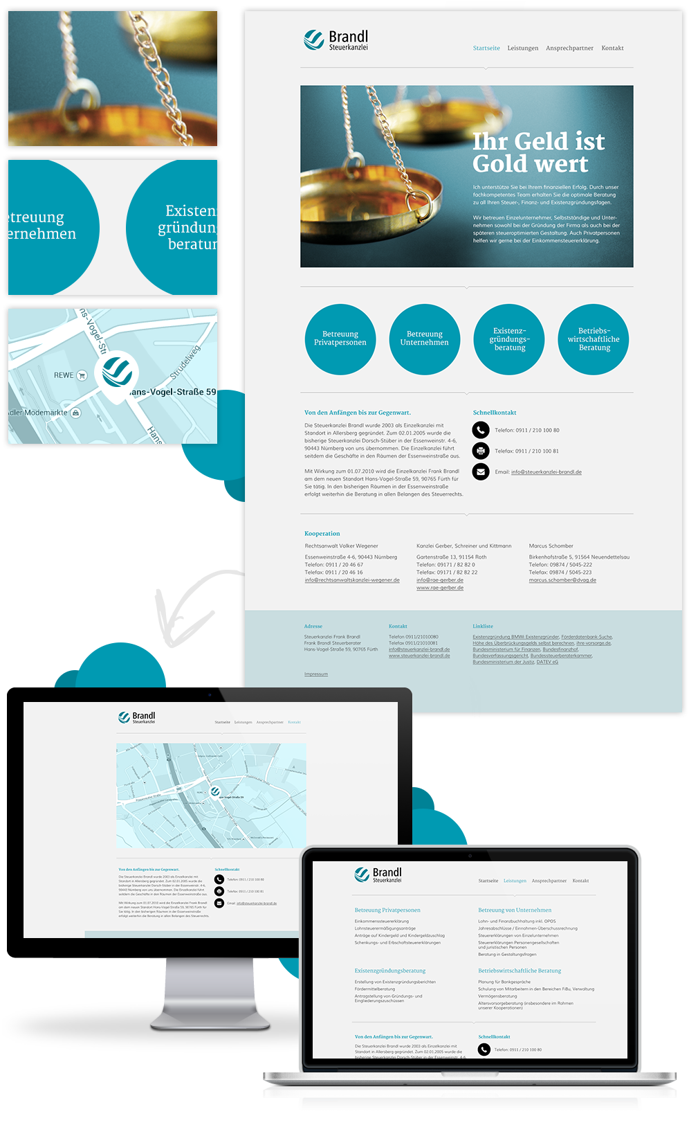 Steuerkanzlei Brandl, Web-Design, Web-Entwicklung, Ansicht Startseite, Ausschnitte, Detailseite in Cinema Display und MacBook